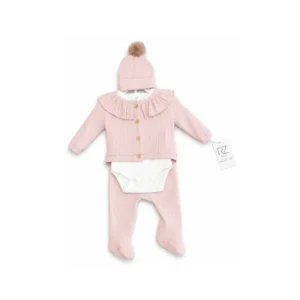 30011 - Conjunto para Bebé Rosa con Body, Saquito, Pantalón y Gorro